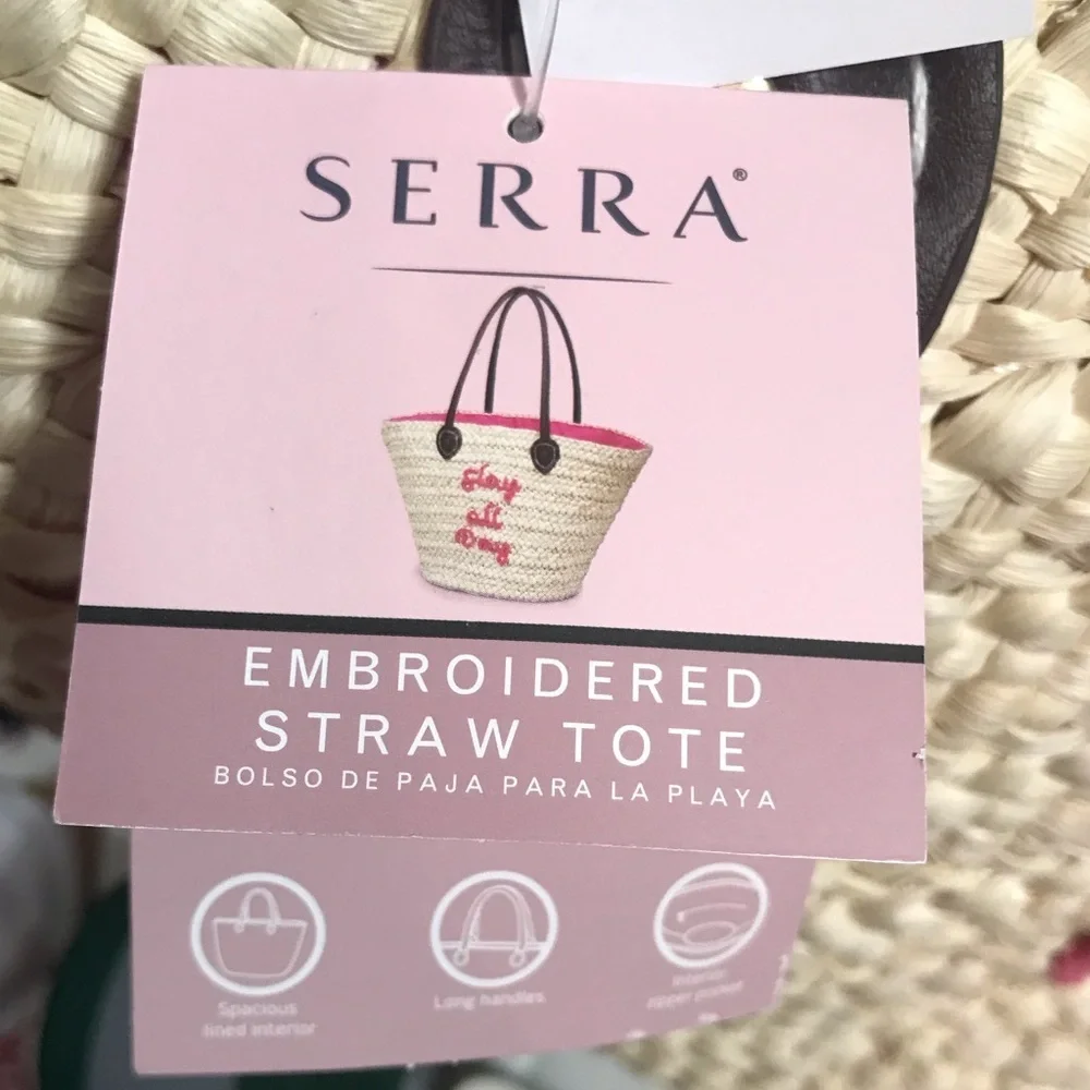 NWT Serra Embroidered Straw Tote Bag,Pink or Black - Picture 8 of 13